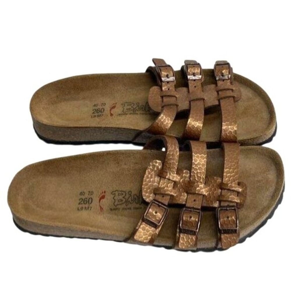 Birkis Brown Textured Leather Sandals With Adjustable Straps & Cork Footbed Wome